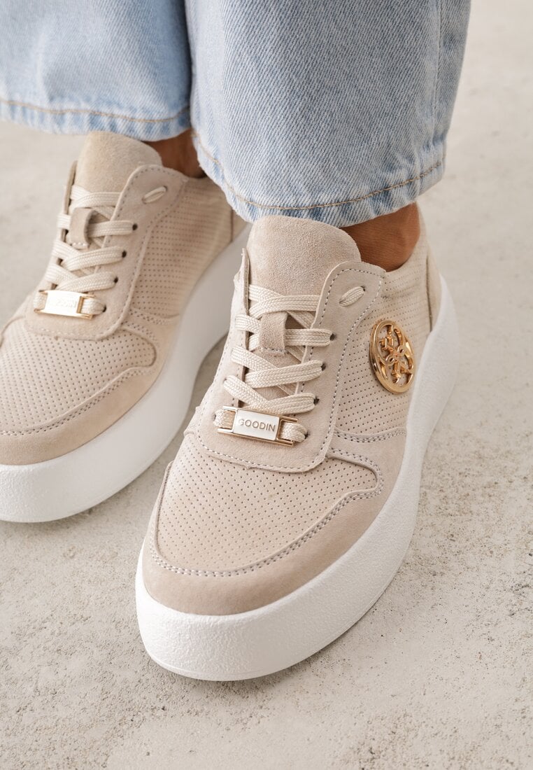 Beżowe Skórzane Sneakersy na Platformie z Metaliczną Aplikacją Idapheosis