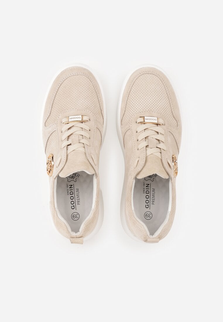 Beżowe Skórzane Sneakersy na Platformie z Metaliczną Aplikacją Idapheosis