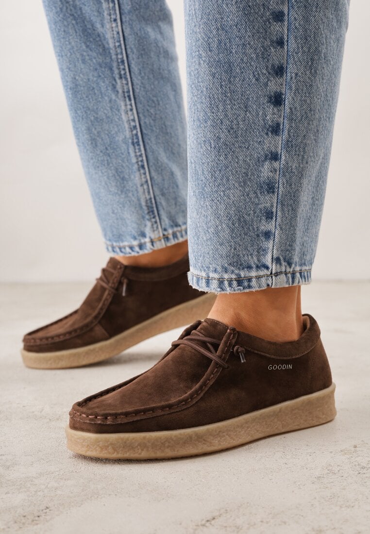 Brązowe Półbuty z Zamszu Naturalnego ze Skórzaną Wkładką i Przeszyciami Oaraneva