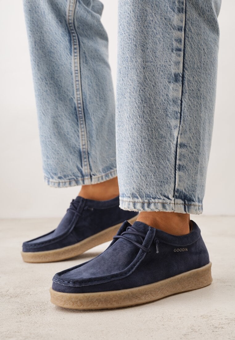Granatowe Półbuty z Zamszu Naturalnego ze Skórzaną Wkładką i Przeszyciami Oaraneva