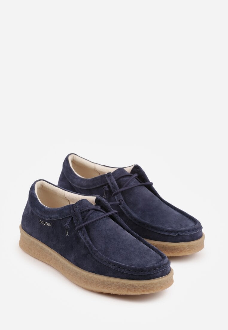 Granatowe Półbuty z Zamszu Naturalnego ze Skórzaną Wkładką i Przeszyciami Oaraneva