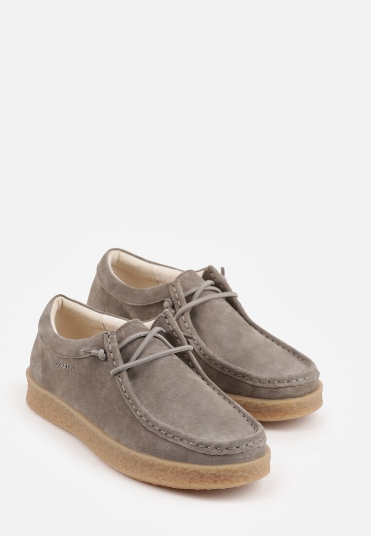 Ciemnobeżowe Półbuty z Zamszu Naturalnego ze Skórzaną Wkładką i Przeszyciami Oaraneva