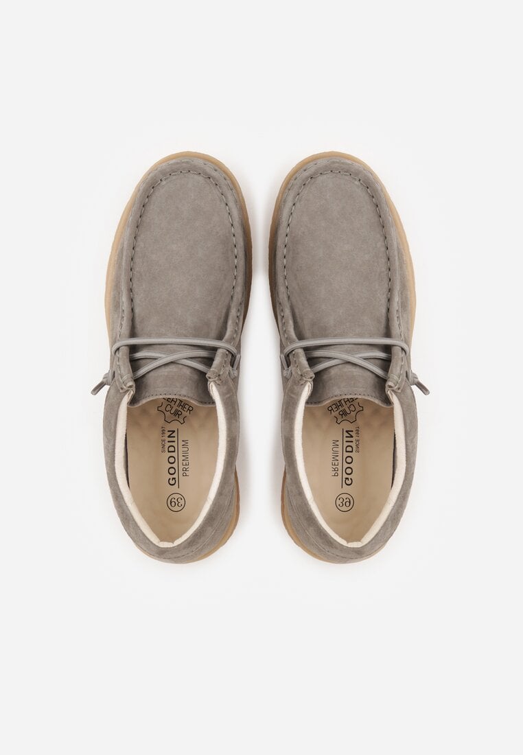 Ciemnobeżowe Półbuty z Zamszu Naturalnego ze Skórzaną Wkładką i Przeszyciami Oaraneva