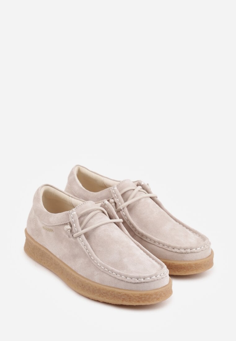 Beżowe Półbuty z Zamszu Naturalnego ze Skórzaną Wkładką i Przeszyciami Oaraneva