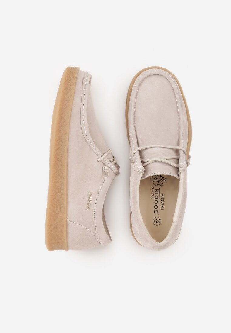 Beżowe Półbuty z Zamszu Naturalnego ze Skórzaną Wkładką i Przeszyciami Oaraneva