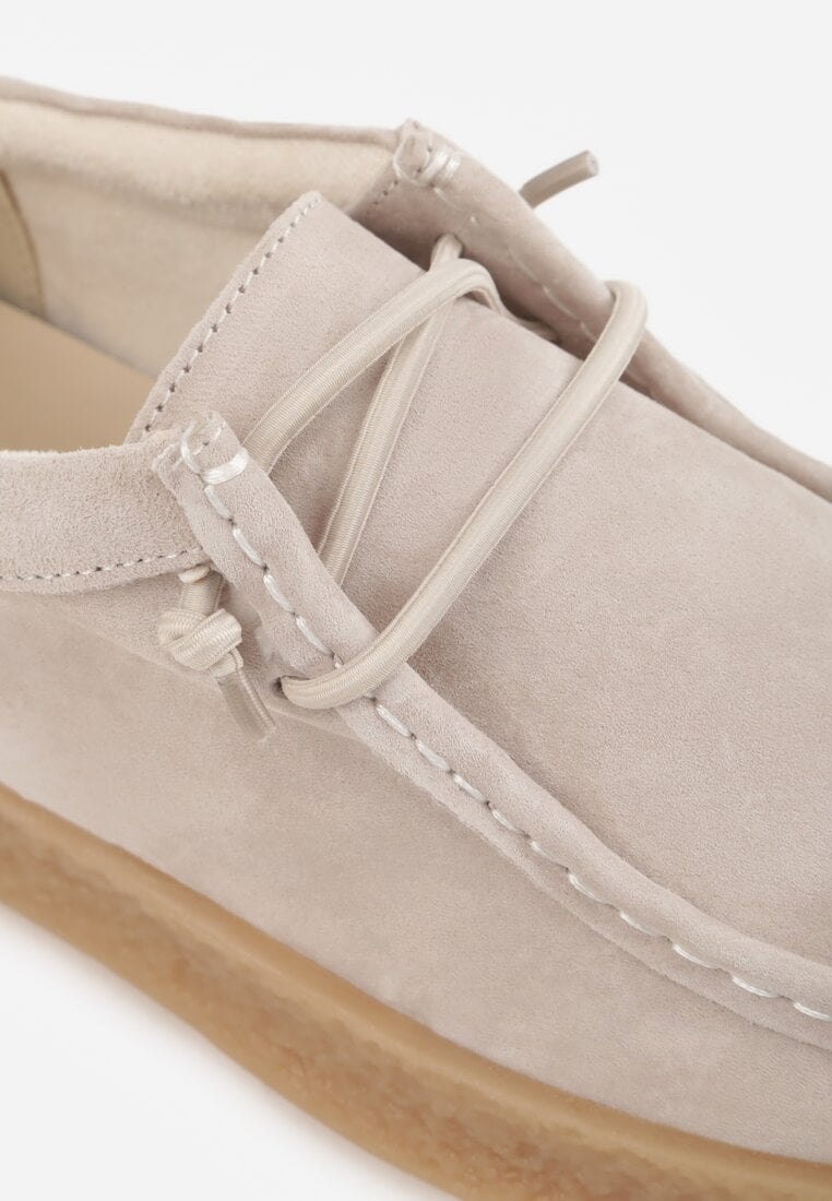Beżowe Półbuty z Zamszu Naturalnego ze Skórzaną Wkładką i Przeszyciami Oaraneva