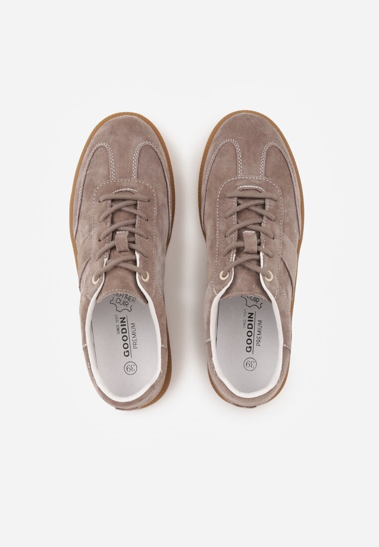 Ciemnobeżowe Zamszowe Sneakersy z Wkładką ze Skóry Naturalnej w Stylu Tenisówek Adredine