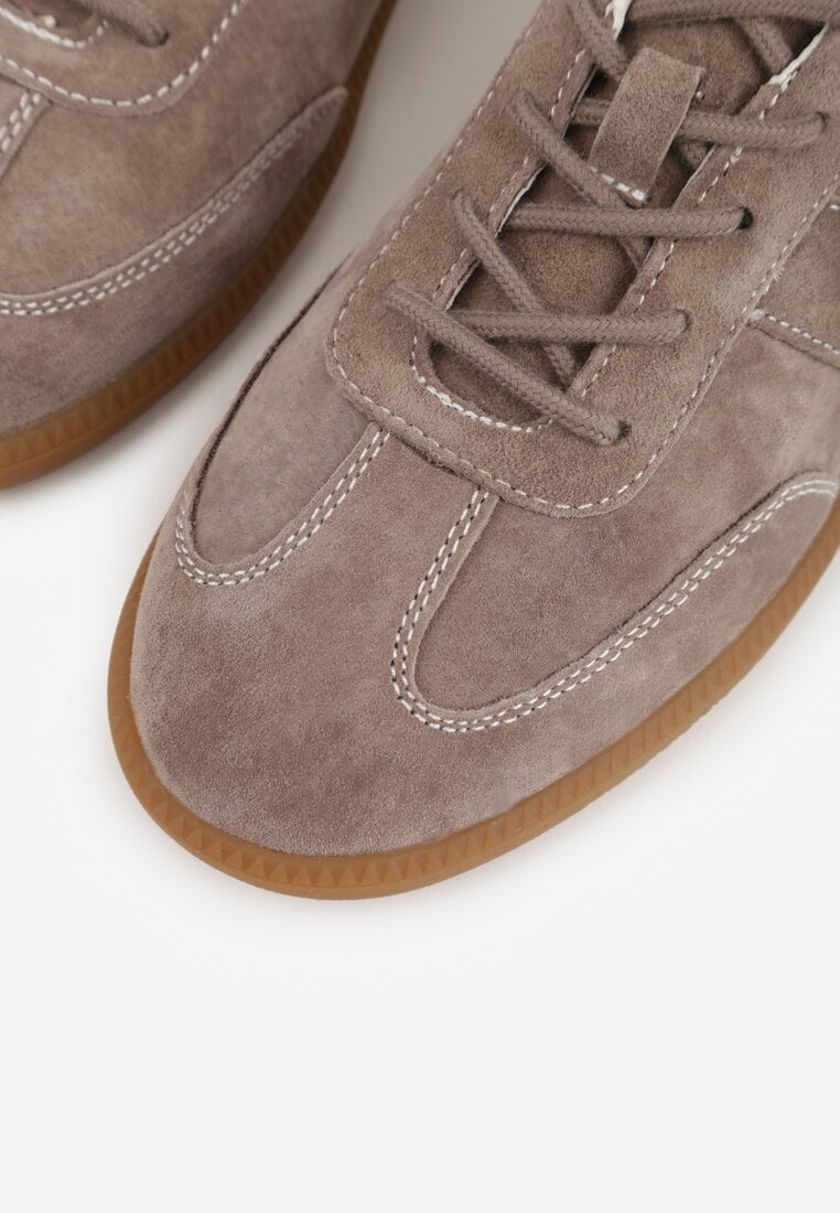 Ciemnobeżowe Zamszowe Sneakersy z Wkładką ze Skóry Naturalnej w Stylu Tenisówek Adredine