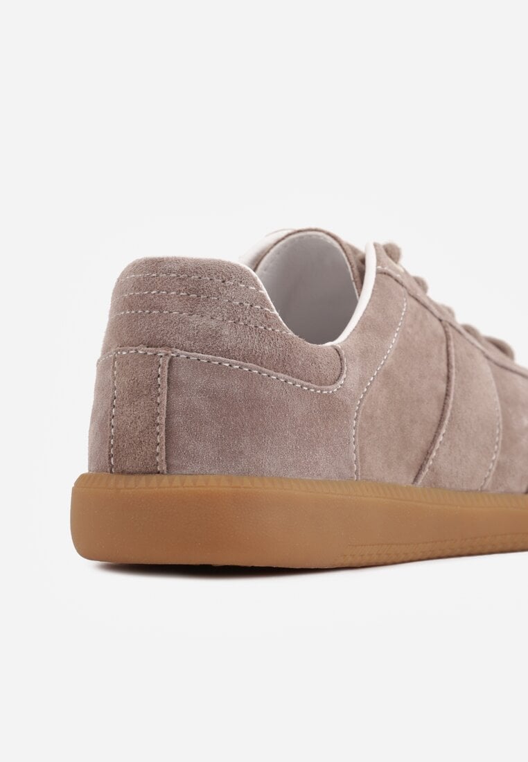 Ciemnobeżowe Zamszowe Sneakersy z Wkładką ze Skóry Naturalnej w Stylu Tenisówek Adredine