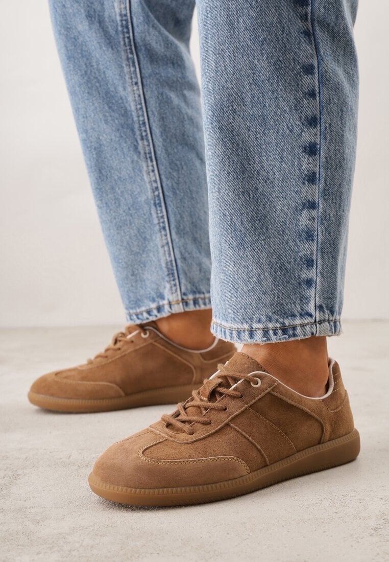 Brązowe Zamszowe Sneakersy z Wkładką ze Skóry Naturalnej w Stylu Tenisówek Adredine