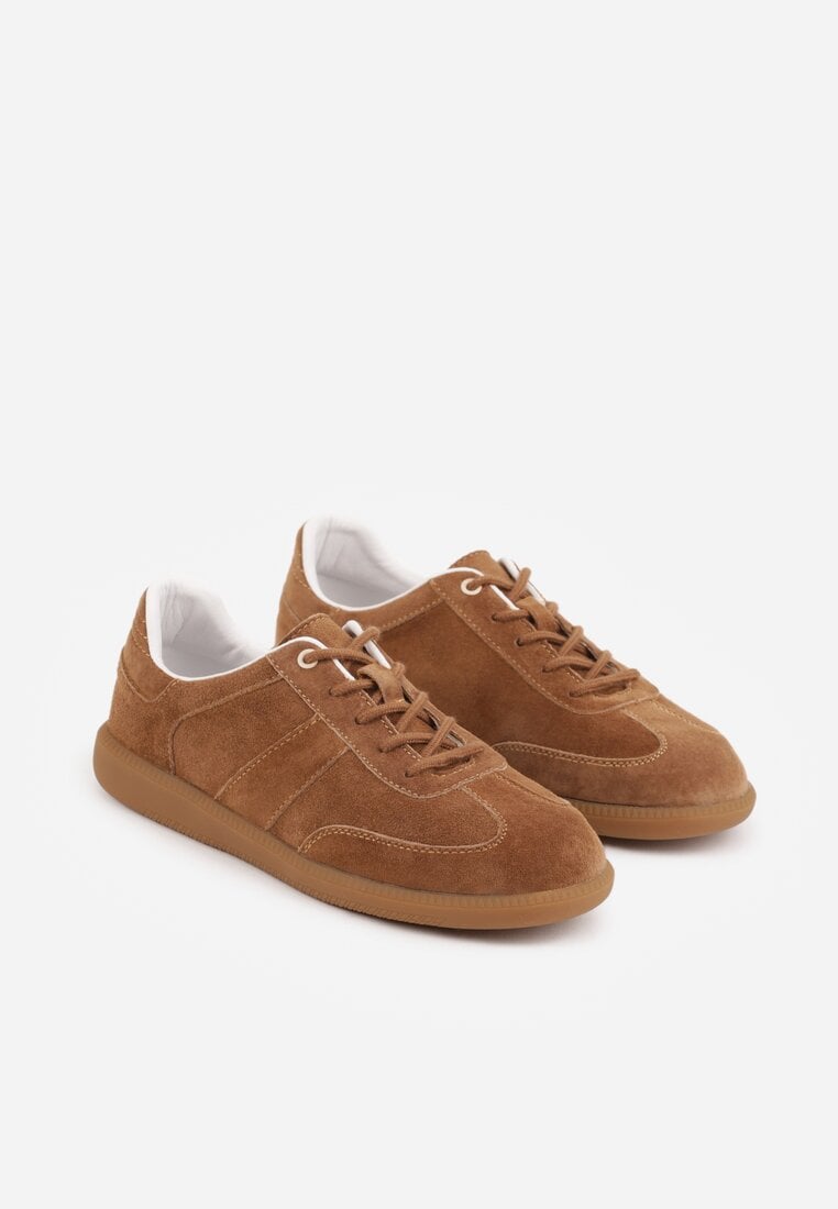 Brązowe Zamszowe Sneakersy z Wkładką ze Skóry Naturalnej w Stylu Tenisówek Adredine