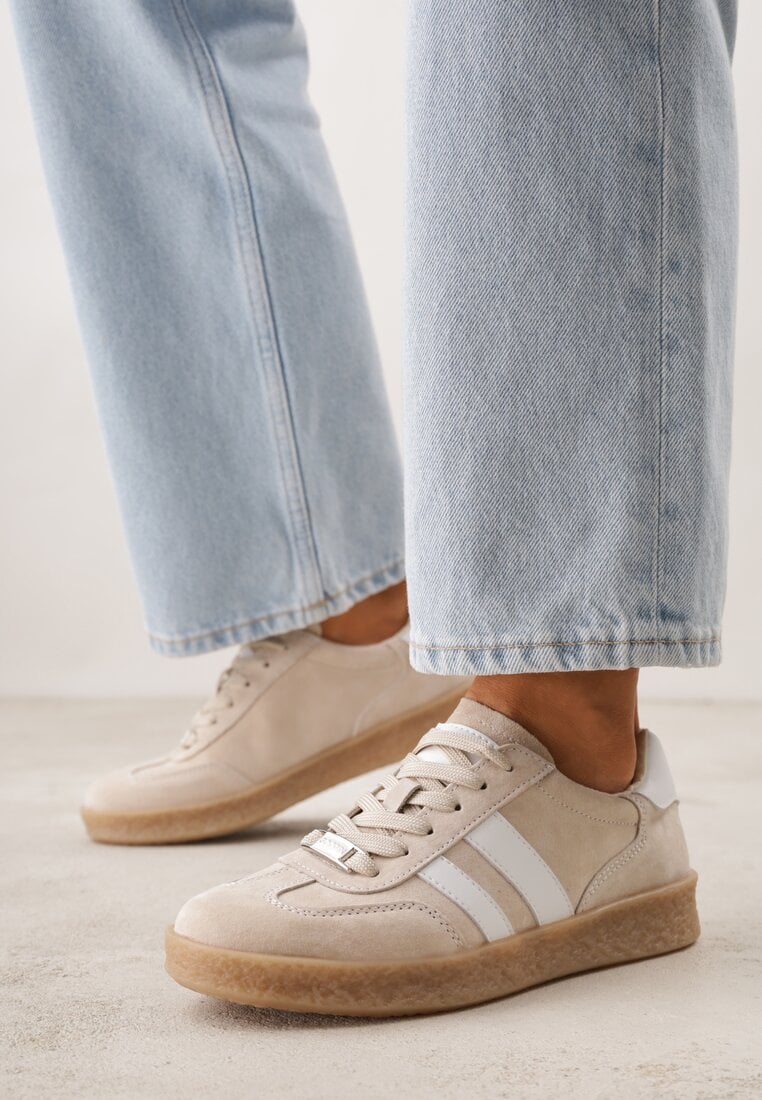 Beżowe Skórzane Sneakersy Typu Tenisówki Ozdobione Paskami Brethanthei