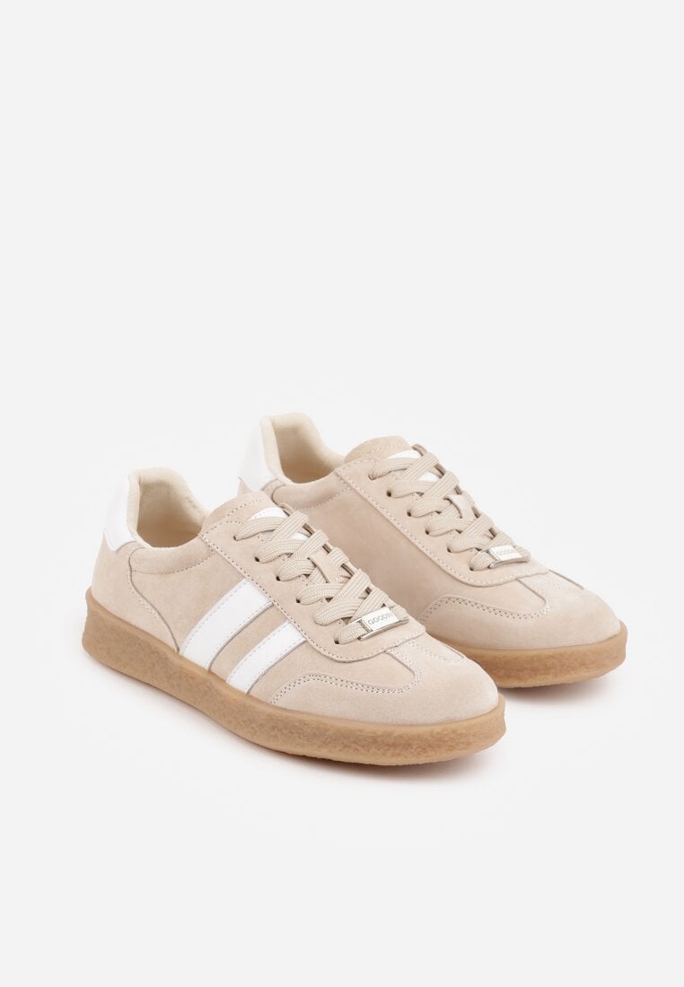 Beżowe Skórzane Sneakersy Typu Tenisówki Ozdobione Paskami Brethanthei