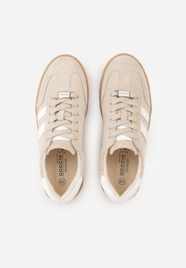 Beżowe Skórzane Sneakersy Typu Tenisówki Ozdobione Paskami Brethanthei