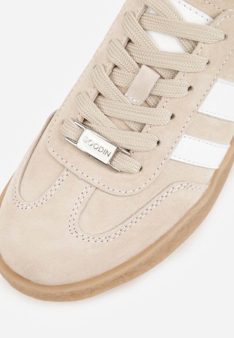 Beżowe Skórzane Sneakersy Typu Tenisówki Ozdobione Paskami Brethanthei