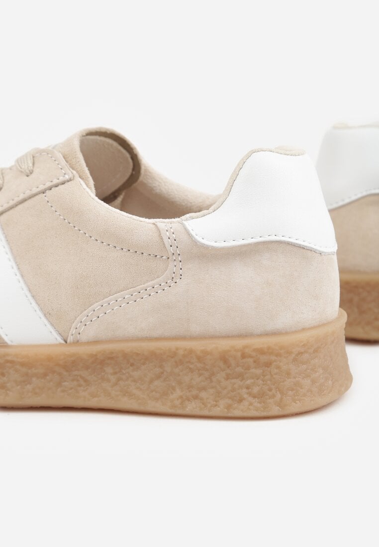 Beżowe Skórzane Sneakersy Typu Tenisówki Ozdobione Paskami Brethanthei