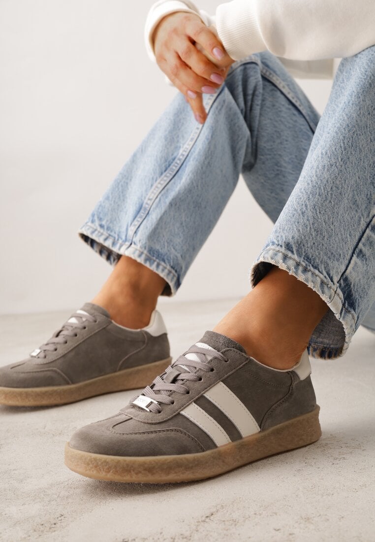 Ciemnobeżowe Skórzane Sneakersy Typu Tenisówki Ozdobione Paskami Brethanthei