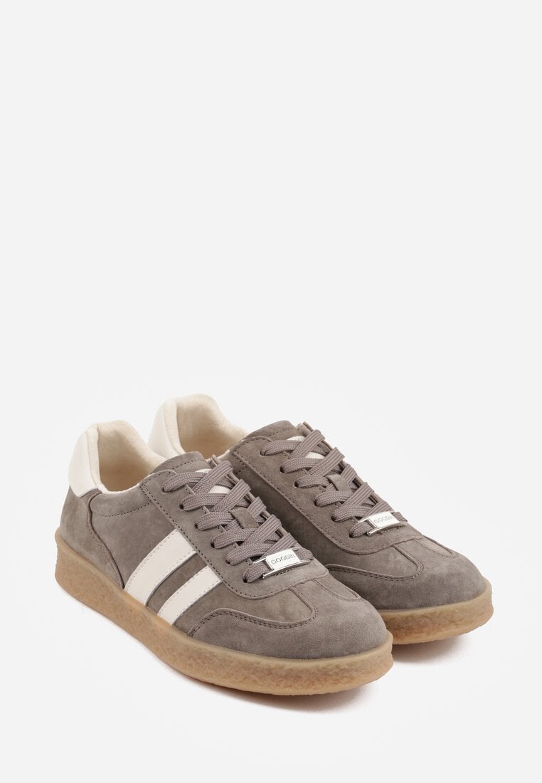 Ciemnobeżowe Skórzane Sneakersy Typu Tenisówki Ozdobione Paskami Brethanthei