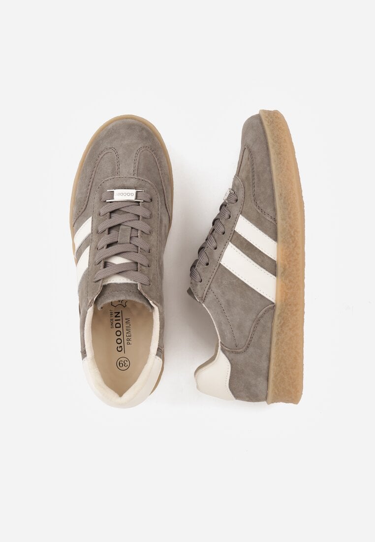 Ciemnobeżowe Skórzane Sneakersy Typu Tenisówki Ozdobione Paskami Brethanthei