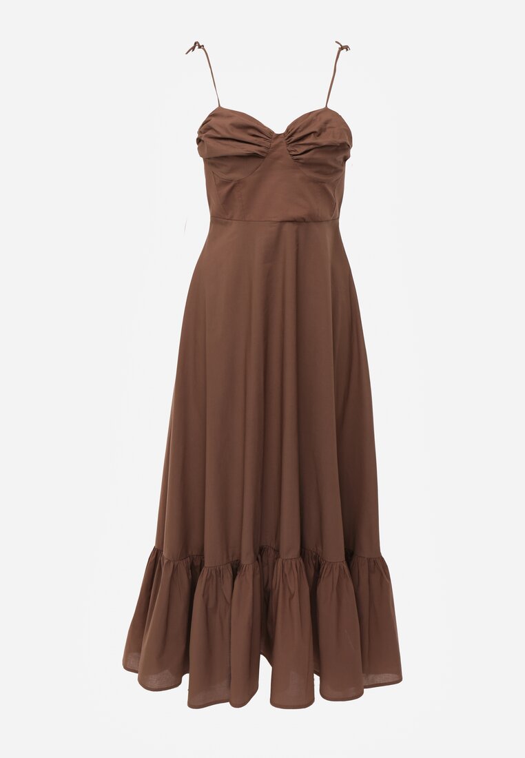 Brązowa Rozkloszowana Sukienka z Bawełny z Wiązanymi Ramiączkami Milistia