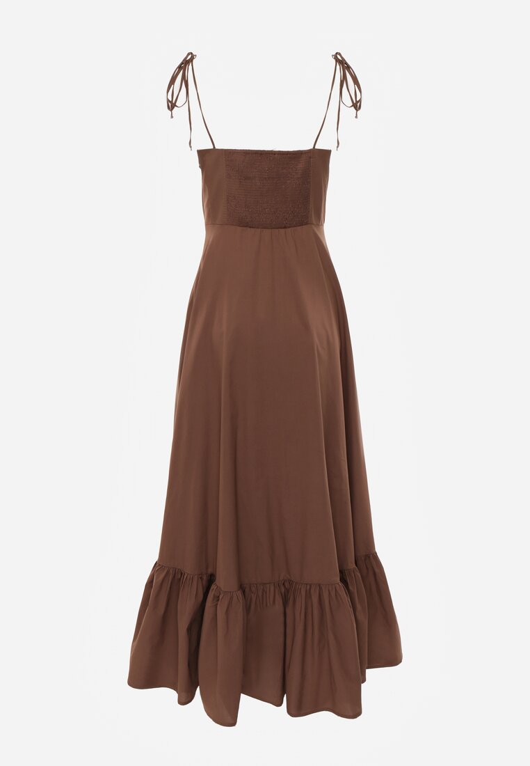 Brązowa Rozkloszowana Sukienka z Bawełny z Wiązanymi Ramiączkami Milistia