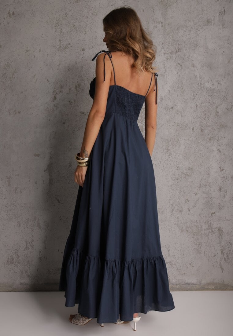 Granatowa Rozkloszowana Sukienka z Bawełny z Wiązanymi Ramiączkami Milistia