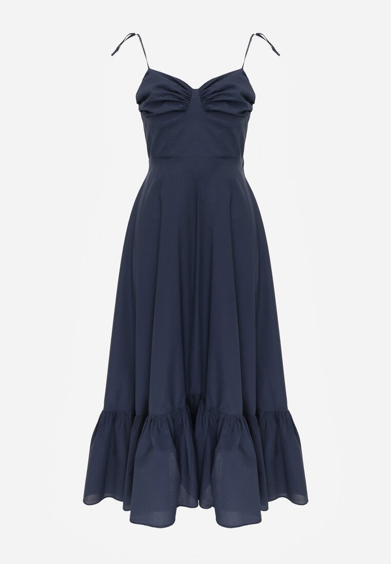 Granatowa Rozkloszowana Sukienka z Bawełny z Wiązanymi Ramiączkami Milistia