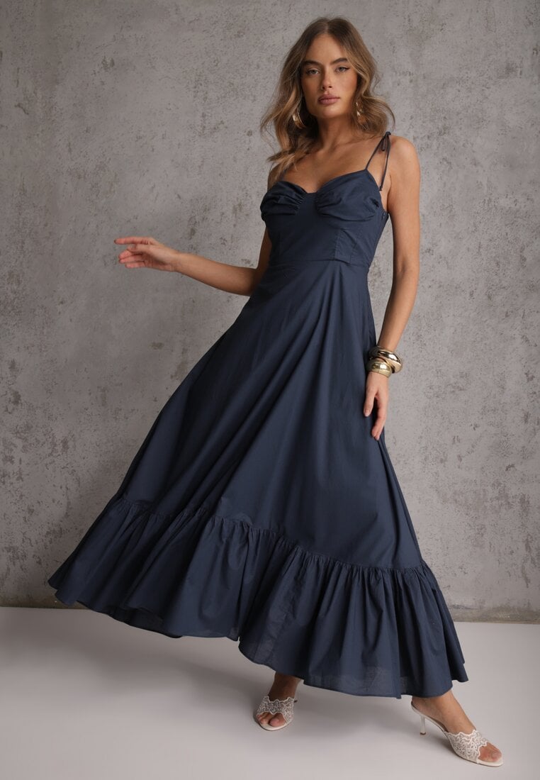 Granatowa Rozkloszowana Sukienka z Bawełny z Wiązanymi Ramiączkami Milistia