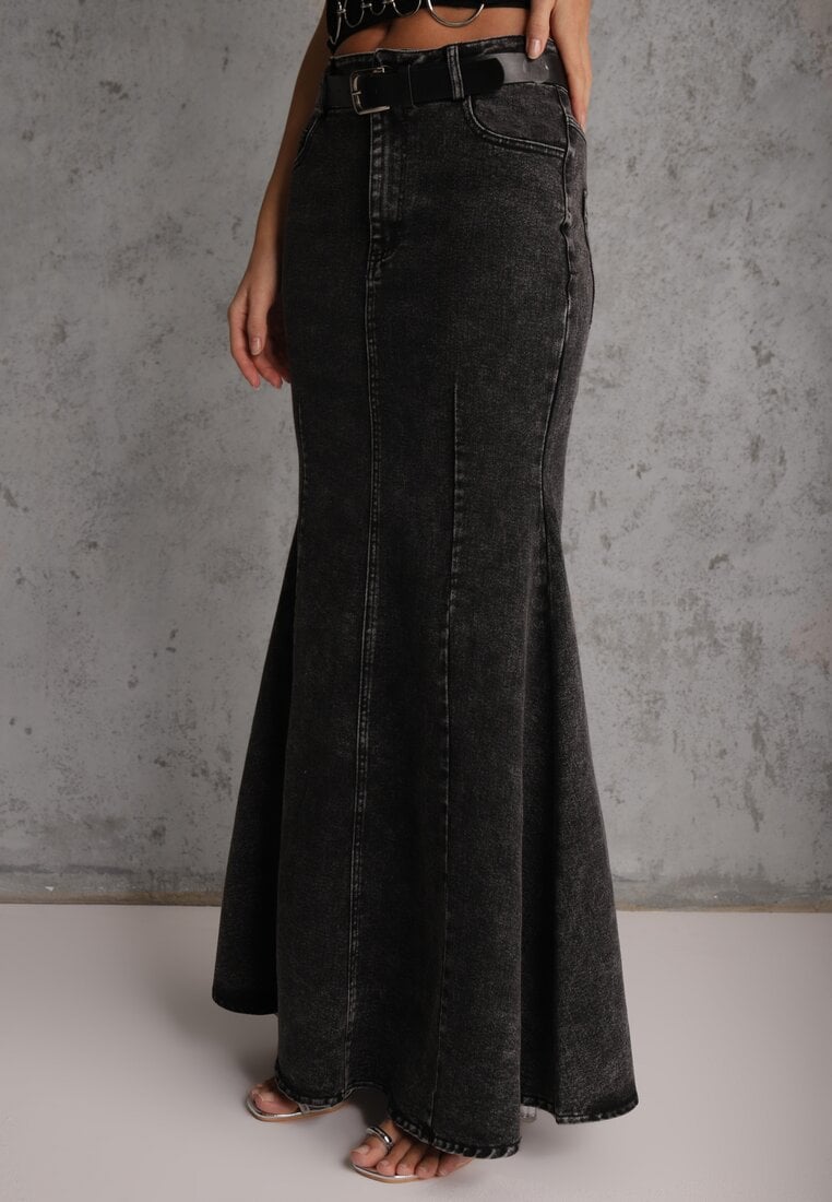 Czarna Spódnica Syrenka z Bawełny Jeansowa High Waist z Paskiem Appala