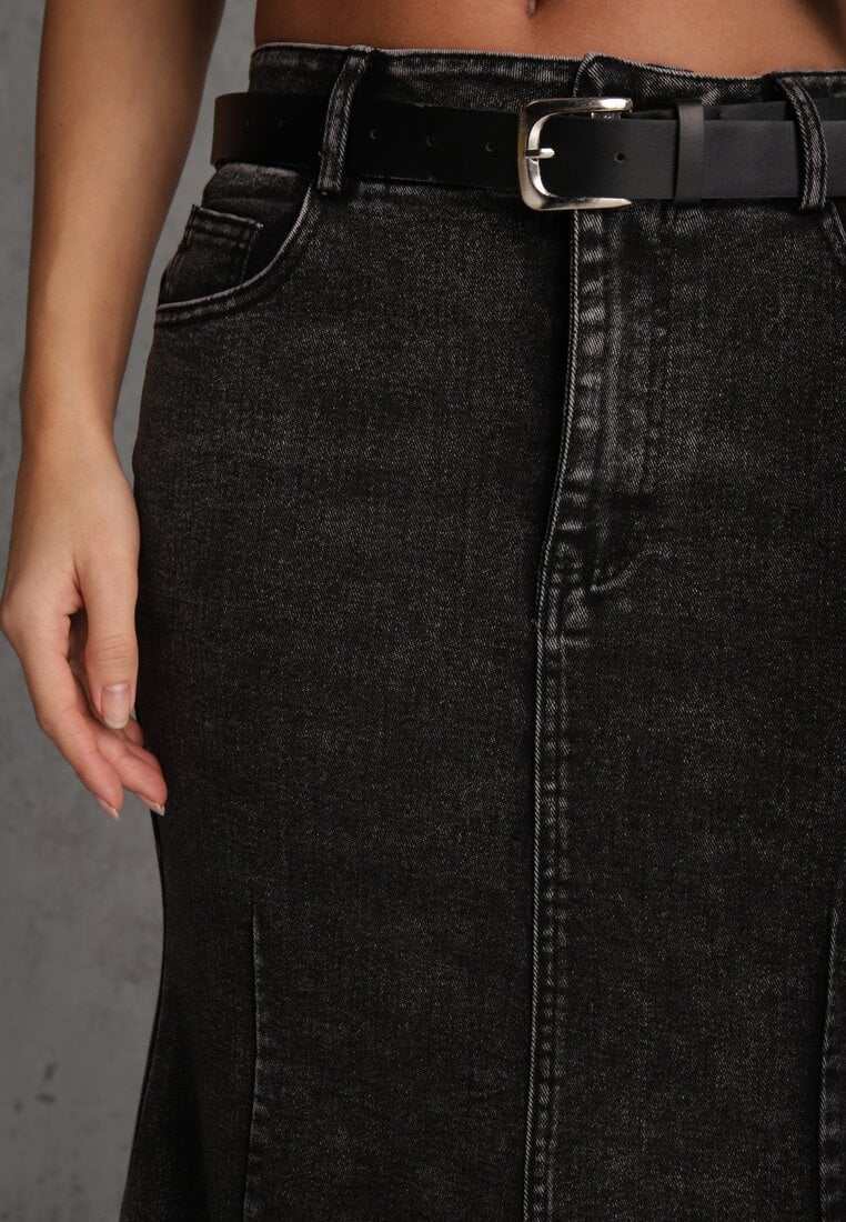Czarna Spódnica Syrenka z Bawełny Jeansowa High Waist z Paskiem Appala