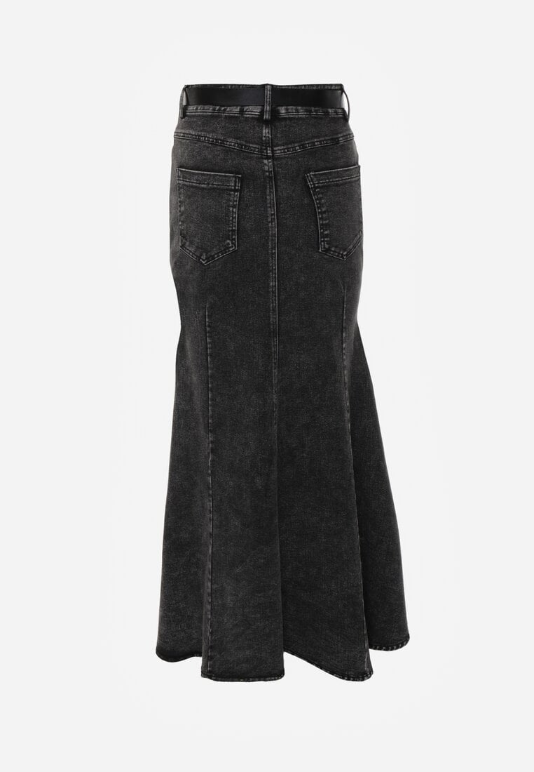 Czarna Spódnica Syrenka z Bawełny Jeansowa High Waist z Paskiem Appala