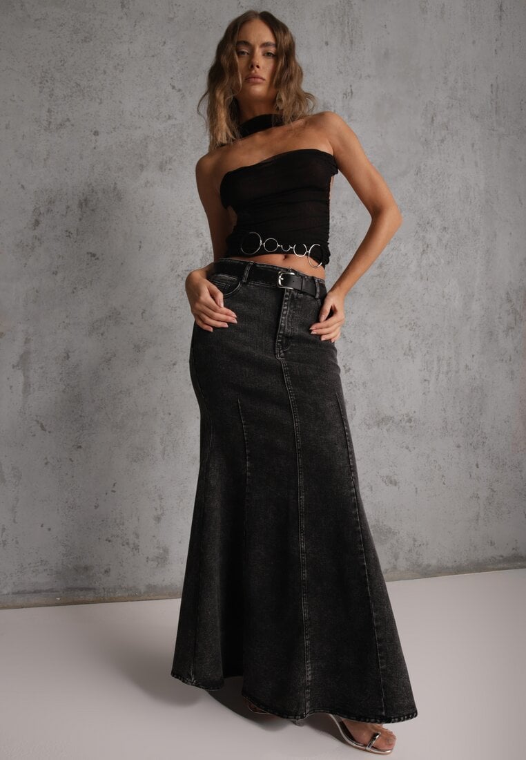 Czarna Spódnica Syrenka z Bawełny Jeansowa High Waist z Paskiem Appala