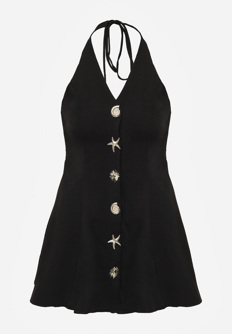 Czarna Sukienka Taliowana Rozkloszowana z Ozdobnymi Złotymi Guzikami i Wiązaniem na Szyi Argica