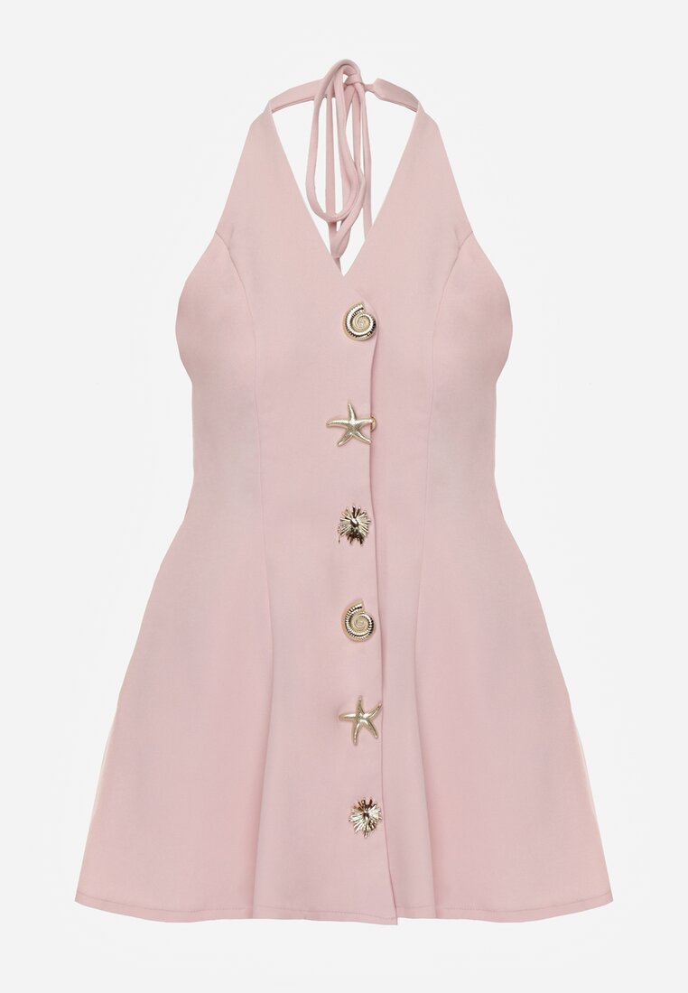 Różowa Sukienka Taliowana Rozkloszowana z Ozdobnymi Złotymi Guzikami i Wiązaniem na Szyi Argica