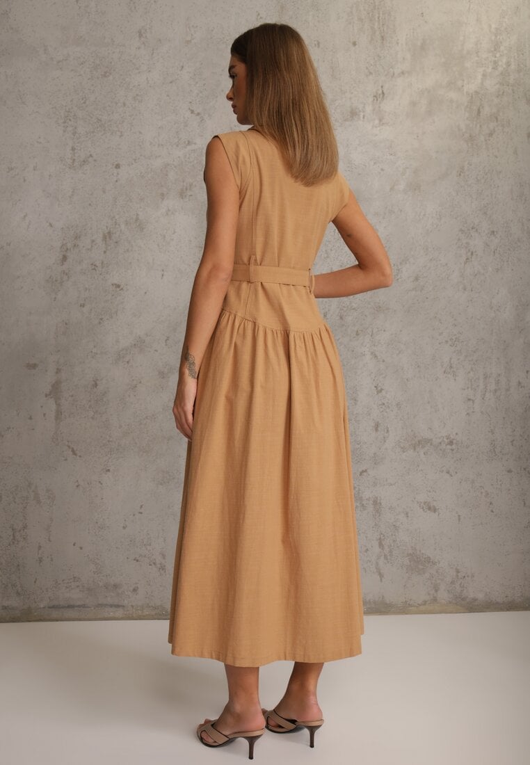 Beżowa Bawełniano-Wiskozowa Sukienka Koszulowa Bez Rękawów z Paskiem Athithoe