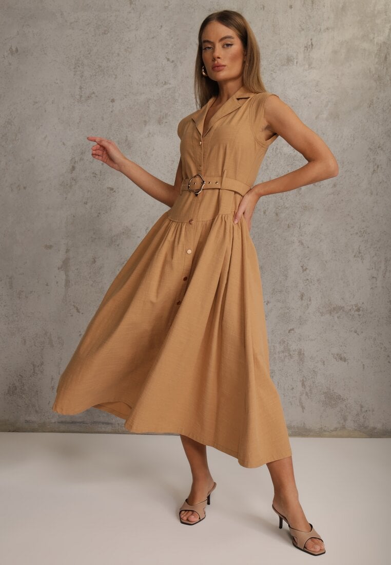 Beżowa Bawełniano-Wiskozowa Sukienka Koszulowa Bez Rękawów z Paskiem Athithoe