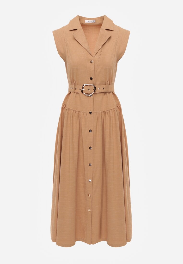 Beżowa Bawełniano-Wiskozowa Sukienka Koszulowa Bez Rękawów z Paskiem Athithoe