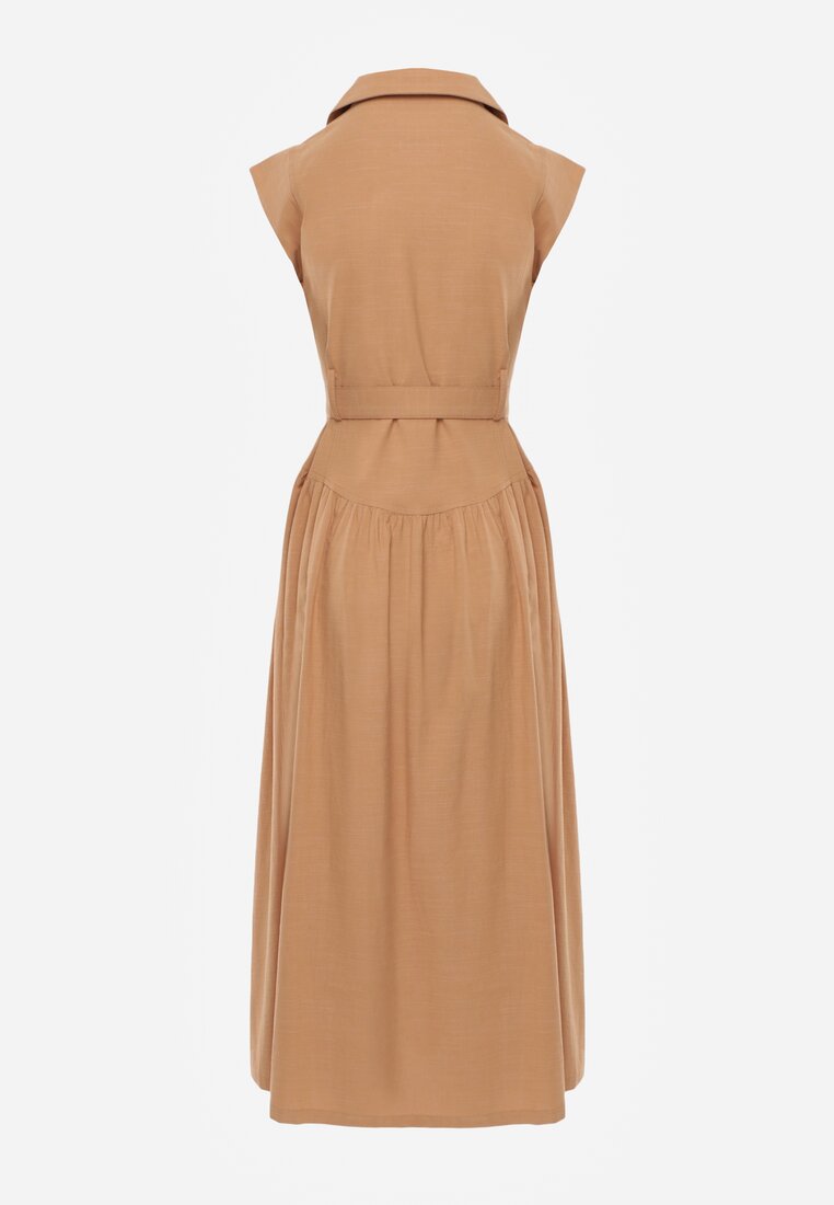 Beżowa Bawełniano-Wiskozowa Sukienka Koszulowa Bez Rękawów z Paskiem Athithoe