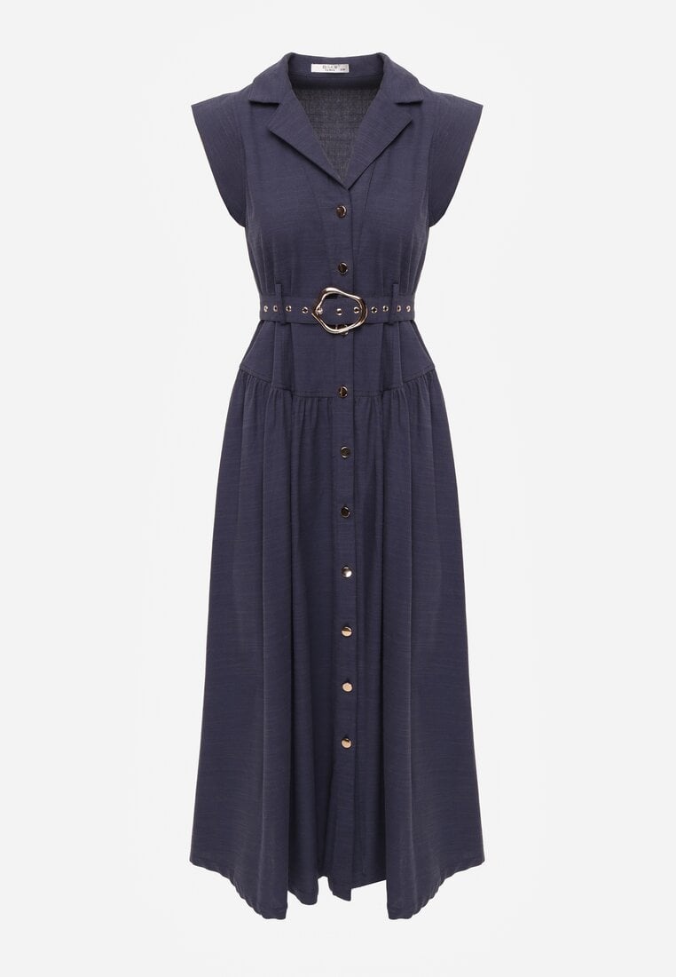 Granatowa Bawełniano-Wiskozowa Sukienka Koszulowa Bez Rękawów z Paskiem Athithoe