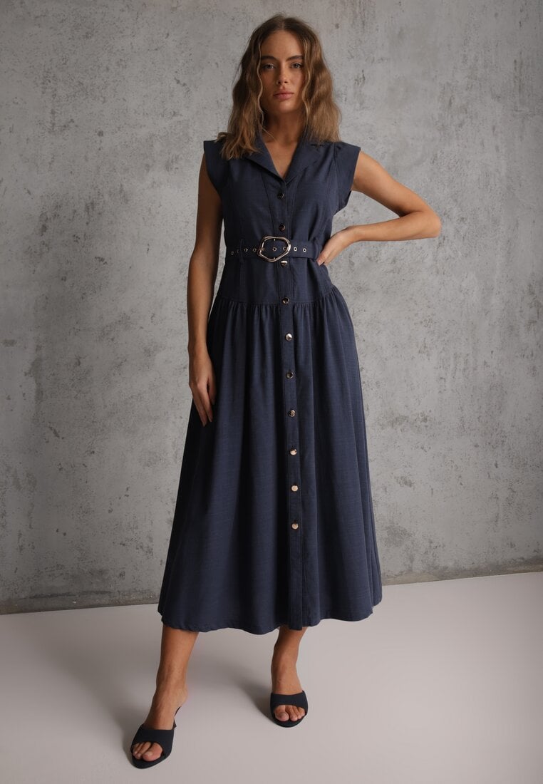 Granatowa Bawełniano-Wiskozowa Sukienka Koszulowa Bez Rękawów z Paskiem Athithoe