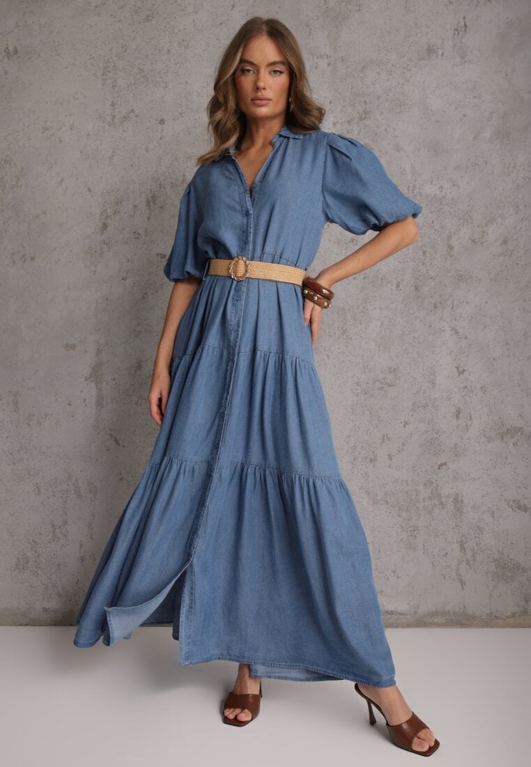 Jasnoniebieska Koszulowa Sukienka z Wiskozą Paskiem z Plecionki i Bufkami Nedara