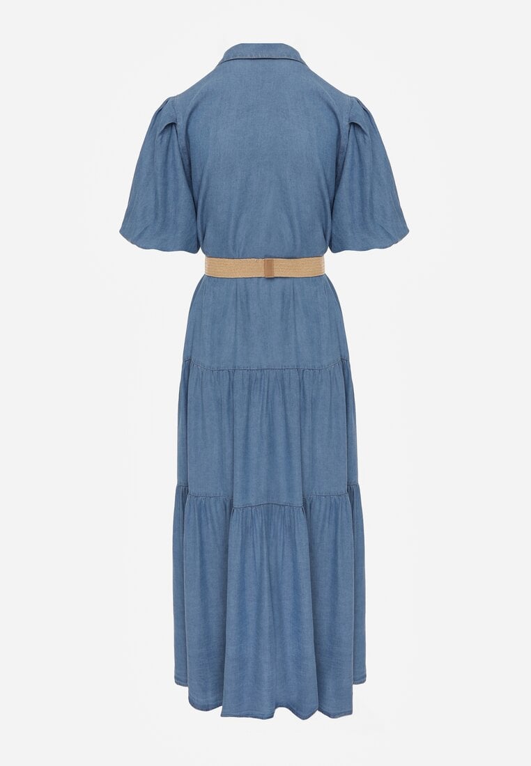 Jasnoniebieska Koszulowa Sukienka z Wiskozą Paskiem z Plecionki i Bufkami Nedara