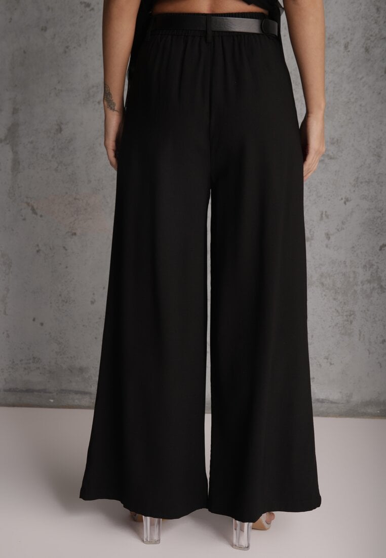 Czarne Garniturowe Spodnie Szerokie z Wiskozy z Paskiem Moun