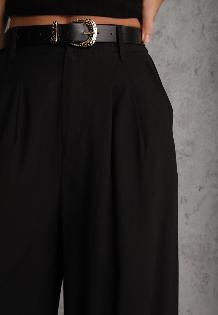 Czarne Garniturowe Spodnie Szerokie z Wiskozy z Paskiem Moun