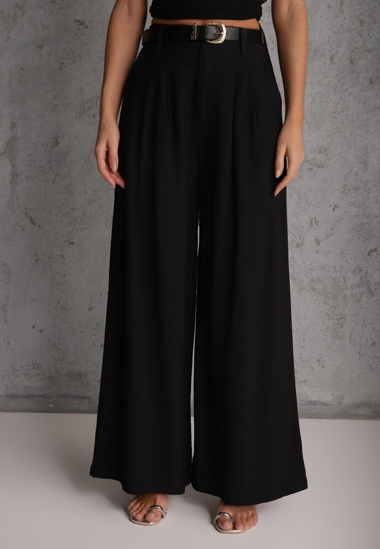 Czarne Garniturowe Spodnie Szerokie z Wiskozy z Paskiem Moun