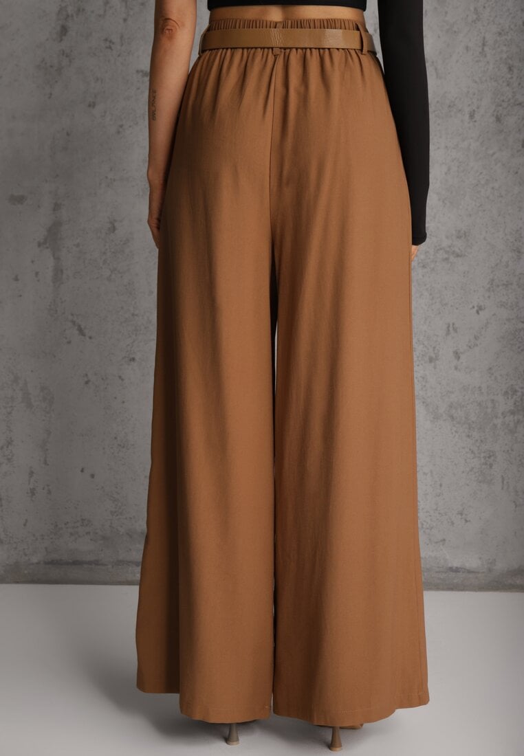 Brązowe Garniturowe Spodnie Szerokie z Wiskozy z Paskiem Moun
