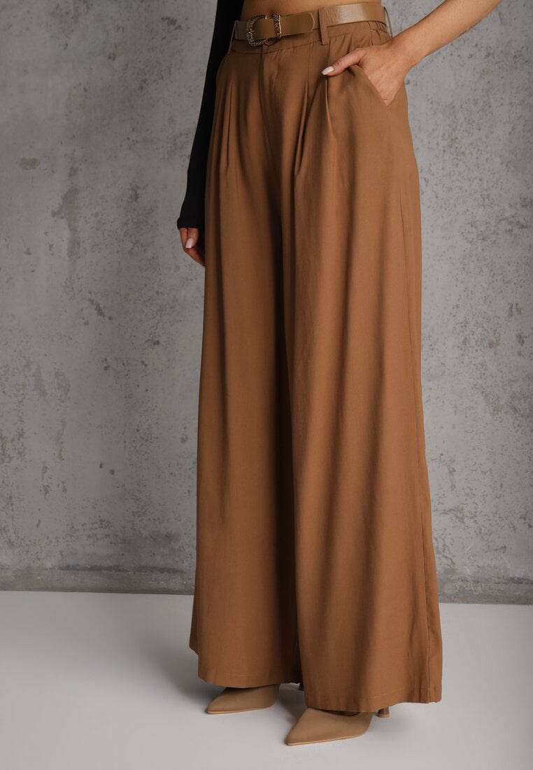 Brązowe Garniturowe Spodnie Szerokie z Wiskozy z Paskiem Moun