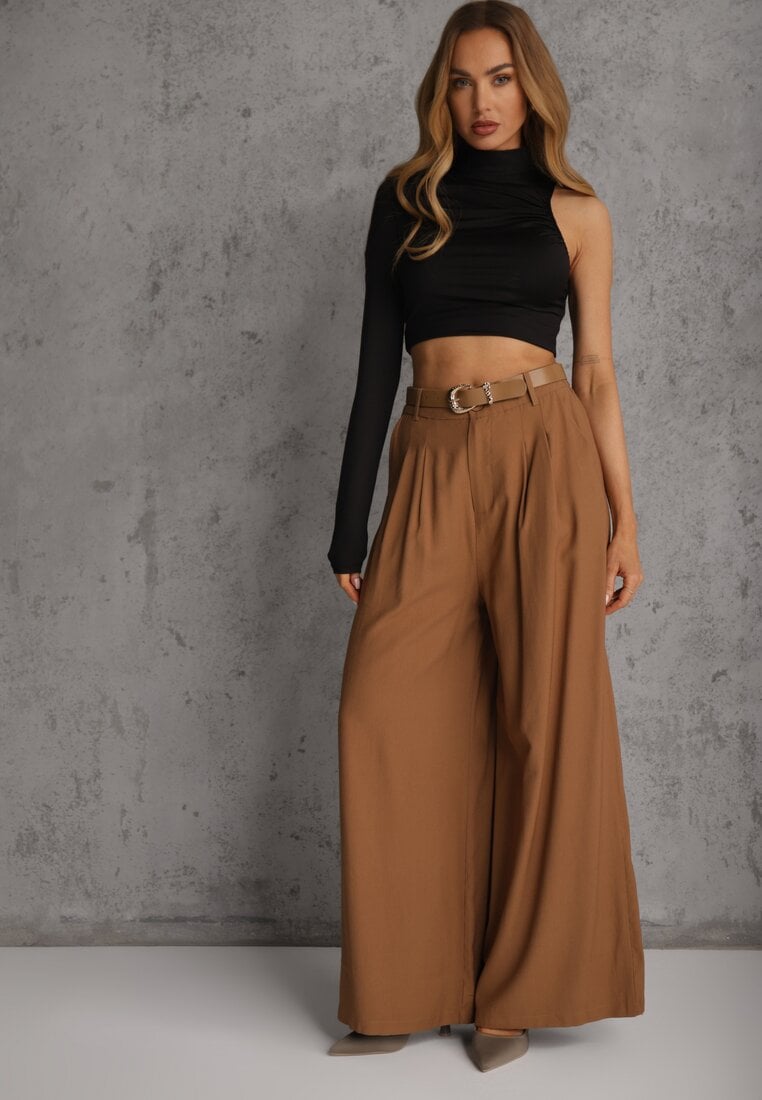 Brązowe Garniturowe Spodnie Szerokie z Wiskozy z Paskiem Moun