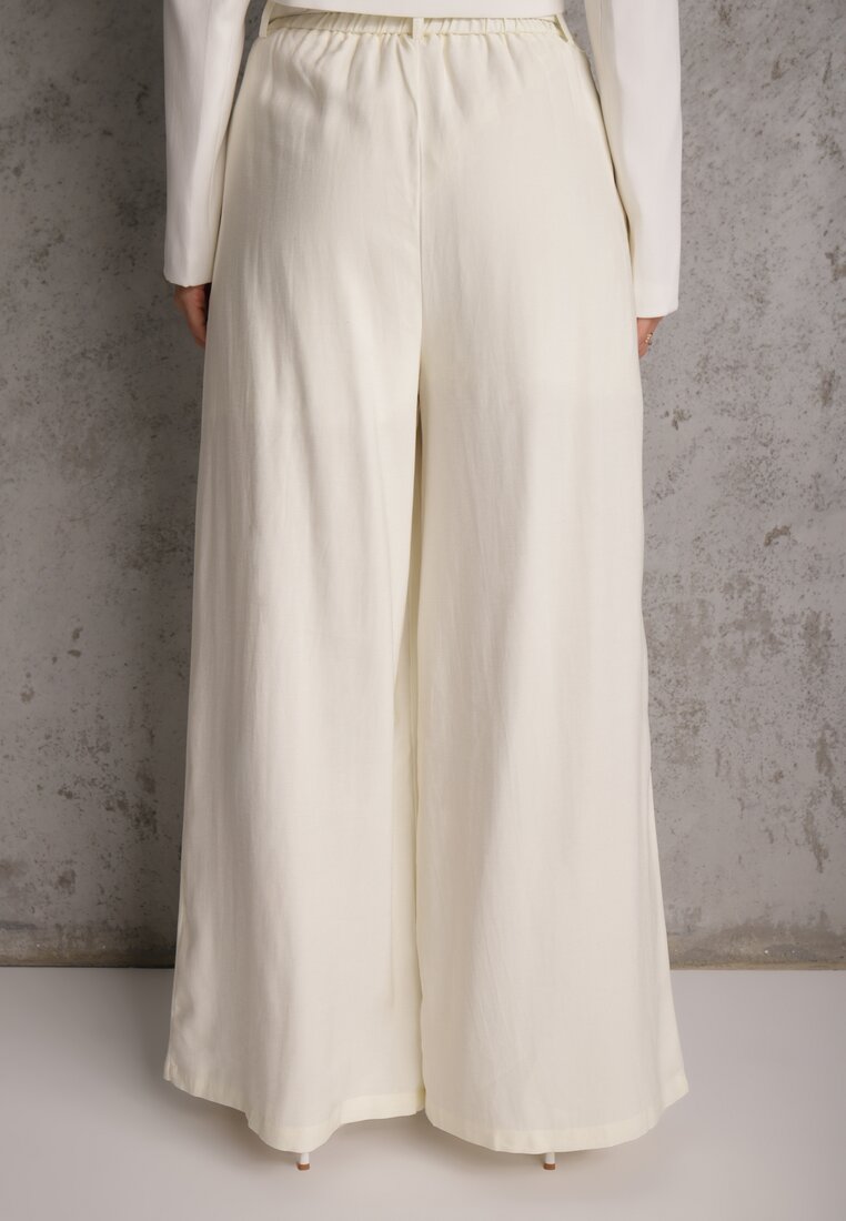 Białe Garniturowe Spodnie Szerokie z Wiskozy z Paskiem Moun