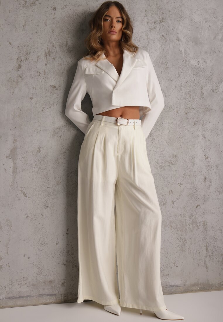 Białe Garniturowe Spodnie Szerokie z Wiskozy z Paskiem Moun